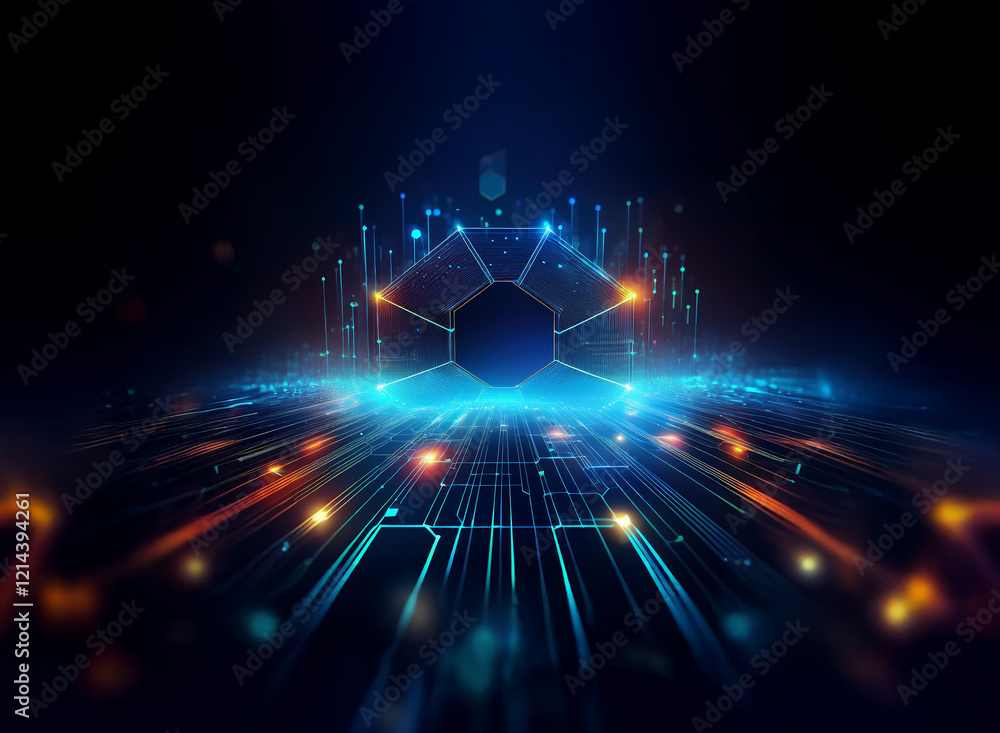 Poster a dark, futuristic scene depicting a glowing hexagonal structure floating above a circuit board, rep
