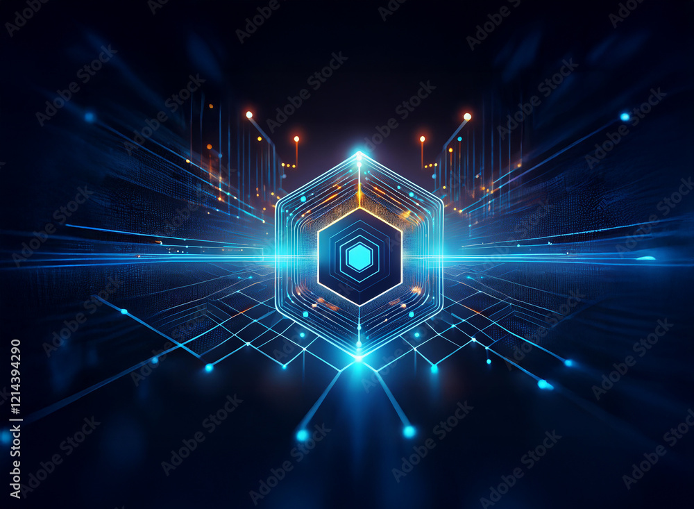 Aufkleber Abstract digital art depicting a glowing hexagonal structure at the center of a network of lines and light trails, suggesting technological advancement and connectivity.