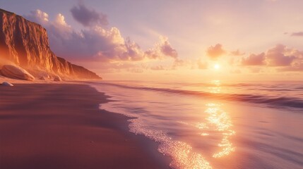 Fototapeta na wymiar A serene coastal landscape at golden hour, with soft waves, rugged cliffs, and a colorful sunset sky.