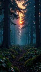 Dark forest landscape with dense foliage at dusk, mist, trees, woods