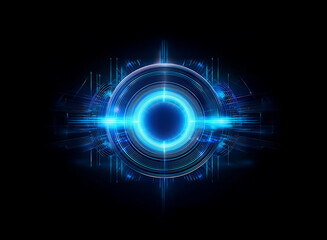 Fototapeta premium A futuristic, glowing blue circular interface on a black background. Intricate digital details radiate outward, creating a sense of technological depth and energy.