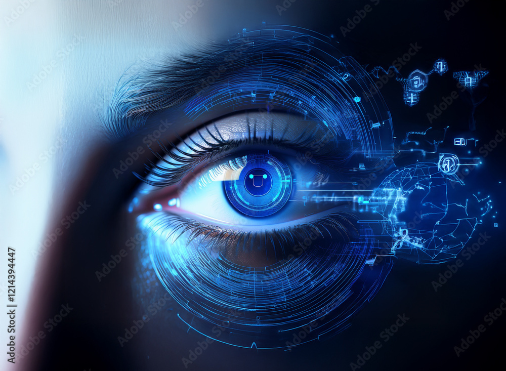 Poster a close-up of a human eye, digitally enhanced with glowing blue concentric circles and data streams,