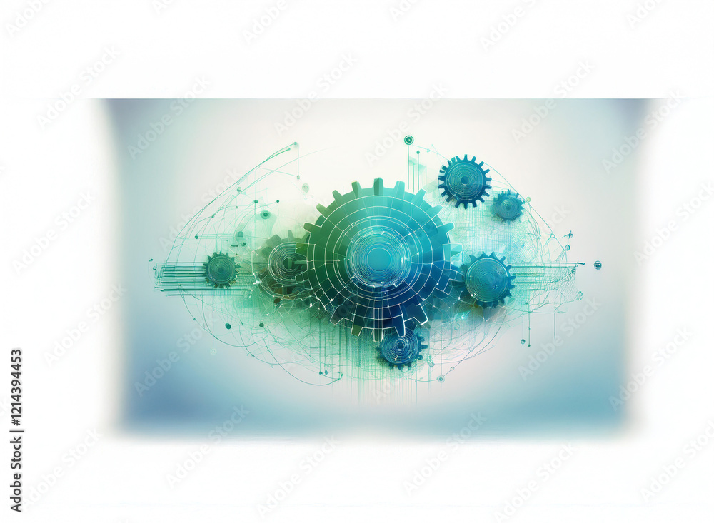 Leinwandbilder abstract artwork featuring interconnected gears in shades of teal and green, set against a soft blue