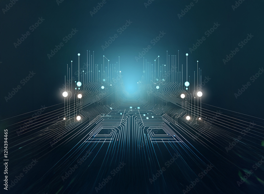 Aufkleber Abstract digital art depicting a futuristic, symmetrical circuit board design. Glowing lines and nodes create a sense of depth and technological advancement.