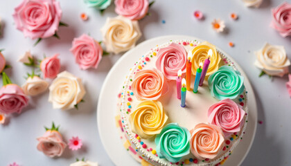 Whimsical birthday cake with pastel roses and rainbow candles, joyful celebration