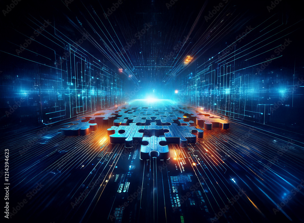 Aufkleber Abstract digital artwork depicting interconnected puzzle pieces forming a pathway within a futuristic circuit board.  Glowing lines and bright light emanate from the center.