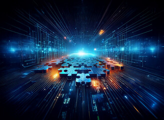 Obraz premium Abstract digital artwork depicting interconnected puzzle pieces forming a pathway within a futuristic circuit board. Glowing lines and bright light emanate from the center.