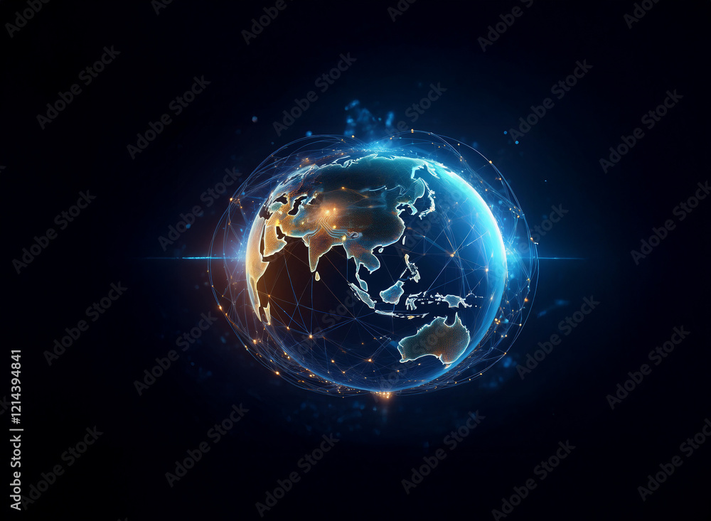 Poster a glowing digital earth, encircled by a network of connections, representing global communication an