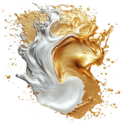 Dynamic splash of white and gold paint isolated on a transparent background