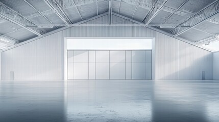 Fototapeta premium Vast Empty Hangar: A spacious, minimalist hangar with a large, closed hangar door and high, gabled ceiling. The vastness and clean lines create a sense of potential and possibility.