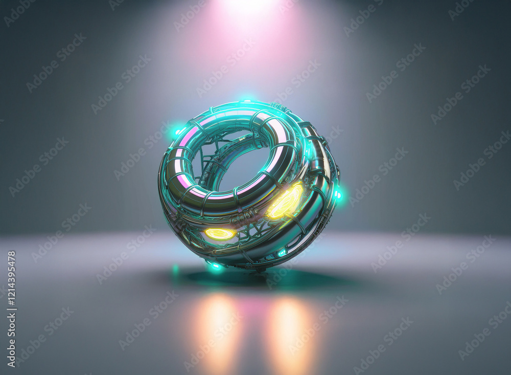 Poster a mesmerizing, metallic sphere with glowing teal and amber accents rests on a reflective surface, il