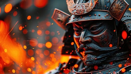 Samurai warrior portrait, fiery background, Japanese culture, historical image