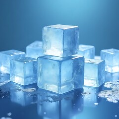 Ice Cubes on Blue: A pristine pile of translucent ice cubes glistens, reflecting light on a cool blue surface.  The image evokes a sense of refreshing coolness and purity.