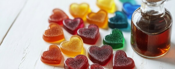 Colorful heart shaped gummies beside a bottle of syrup on a white surface