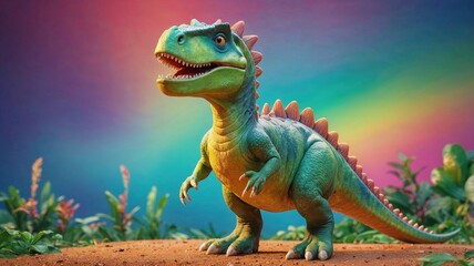 Playful green dinosaur figurine with vibrant details, set against a rainbow gradient background and surrounded by tropical plants, exuding a whimsical and fun atmosphere