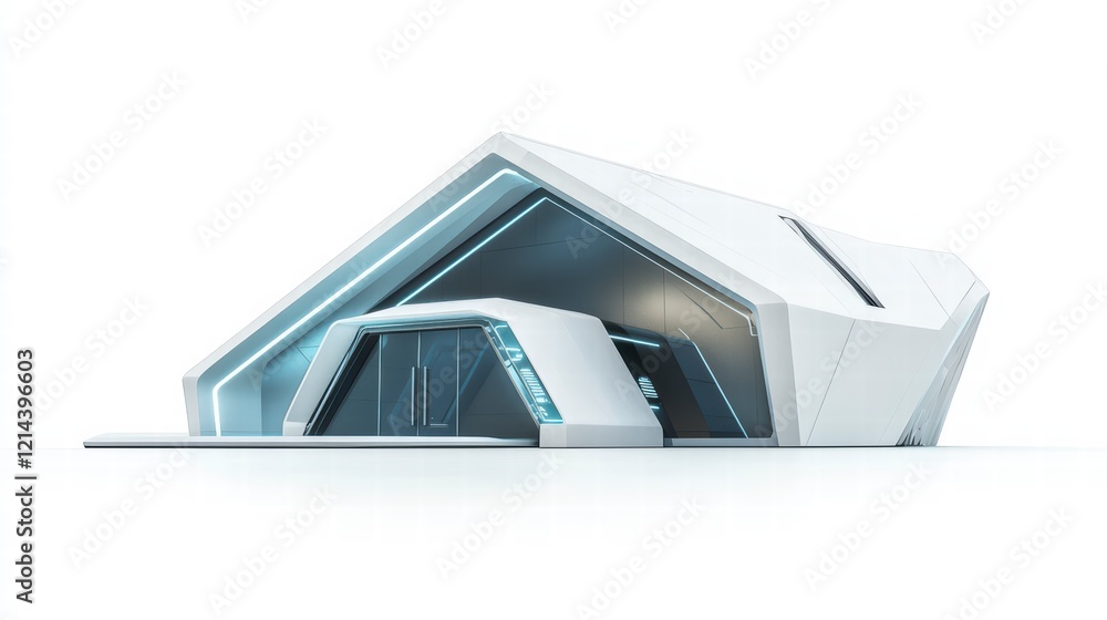Poster futuristic architectural design: sleek, modern building with angular lines and glowing blue accents.