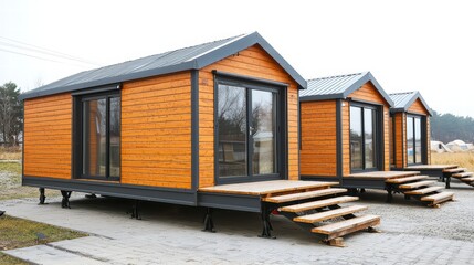 Modern Cabin Retreat: Three stylish, modern cabins with wooden exteriors and large glass doors sit on a gravel lot, offering a tranquil escape. 