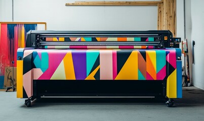 Colorful high-resolution photo of a large format wide-angle vinyl wrap printer in action, printing colorful geometric patterns on fabric and plastic materials