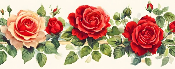 Watercolor Roses Border  Red   Peach Floral Illustration