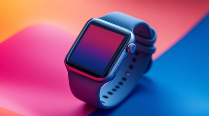 Gray smartwatch mockup with a blank screen, set against a vibrant abstract background, designed for showcasing technology or app interface designs.