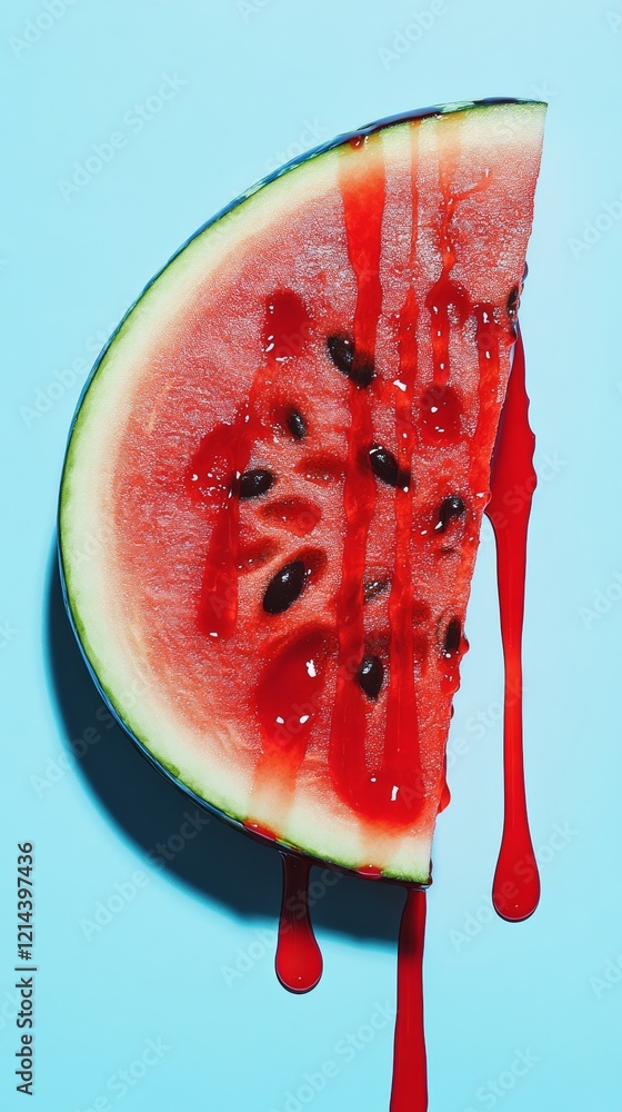 Poster watermelon slice dripping red juice on a light blue background, creating a vibrant and refreshing su