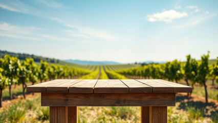 An old wooden table nestled in the midst of a vineyard on a sunny day, winery, vineyard, panoramic, day