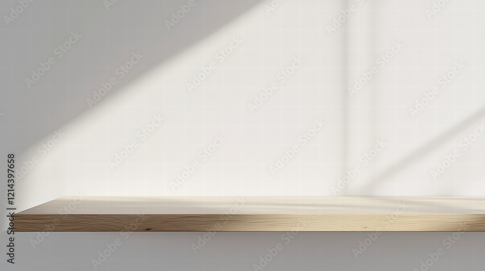 Poster light and shadow on shelf: a minimalist composition featuring a simple wooden shelf against a light 