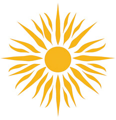 icono de un sol con multiples rayos amarillos sobre fondo blanco transparente. Concepto vacaciones de verano