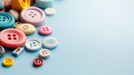 An array of colorful buttons are meticulously arranged in varied hues on a pale blue surface, evoking creativity and playfulness.