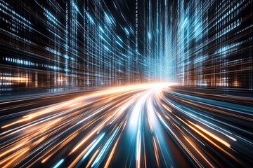 Highway to the digital realm with binary code and light speed trails