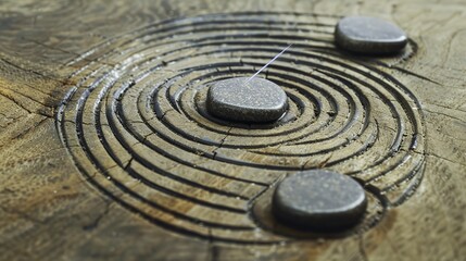 Obraz premium Close-up of two magnetic stones attracting each other on a smooth wooden surface, symbolizing connection and attraction, in a minimalist and natural style.