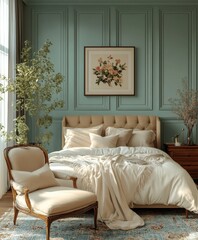 Elegant french country style bedroom design modern interior soft greens and neutrals cozy environment inviting atmosphere high fidelity visuals