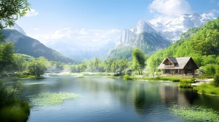 Obraz premium Secluded Mountain Cabin Lake House Nature Scene