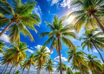 Lush Coconut Palm Trees on a Vibrant Blue Sky - Tropical Vacation Background