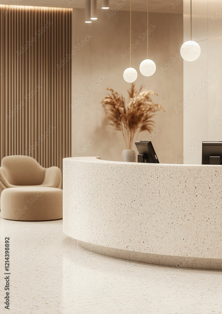 Poster modern reception area featuring an all-white interior with a curved desk and plush seating with copy