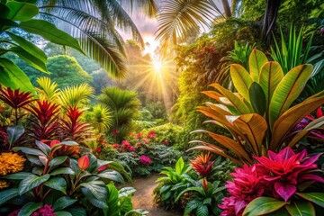 Lush Exotic Garden Paradise: Vibrant Tropical Plants & Flowers
