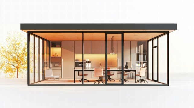 Modern Glass Office Pod: A sleek, contemporary office pod with expansive glass walls, showcasing a bright and functional workspace. Ideal for small businesses, remote workers.