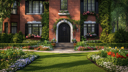 Fototapeta premium Classic brick house with black shutters, surrounded by vibrant flowers and lush greenery, creating charming and inviting atmosphere