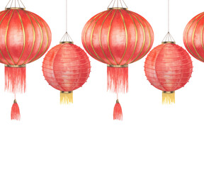 Watercolor Chinese lantern seamless border. Red Asian silk and paper made hanging lantern garland isolated on background for Chinese new year festive light design and tradition lunar holiday events
