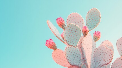 Vibrant prickly pear cactus flowering with soft pink blossoms under pale blue desert sky