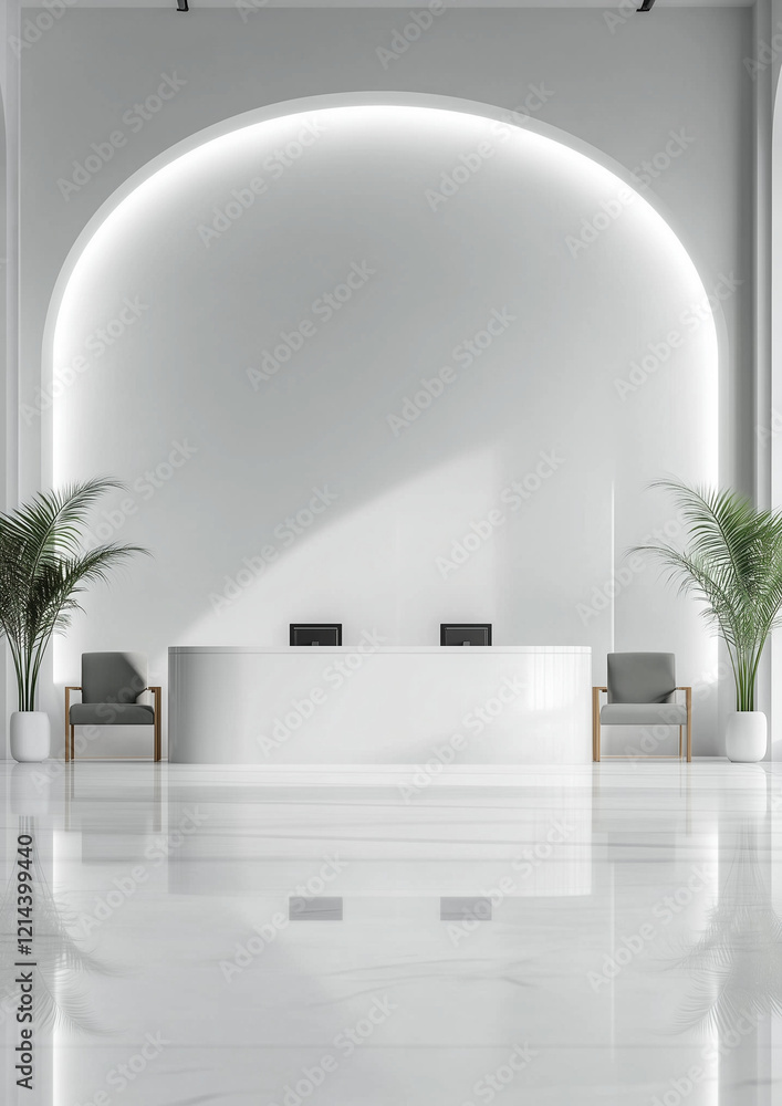 Poster modern reception area featuring an all-white interior with a curved desk and plush seating with copy