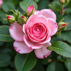 Pink Rose Blossom: A single, delicate pink rose with a subtly darker center, surrounded by unopened buds, blossoms gracefully amidst lush green foliage.  Its petals exhibit a soft, romantic charm. 