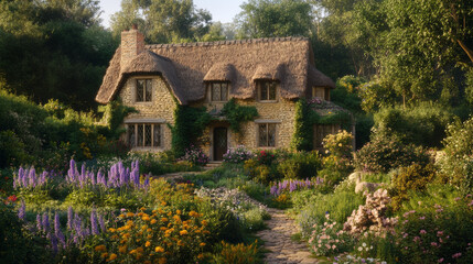 charming English cottage with stone walls and thatched roof, surrounded by vibrant gardens filled with colorful flowers. serene atmosphere invites tranquility and beauty