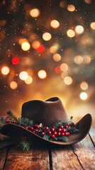 Festive cowboy hat adorned with pine sprigs, holly berries resting on rustic wooden surface, soft christmas lights blurring background