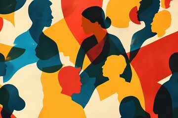 Diverse crowd silhouettes in colorful abstract shapes, community gathering