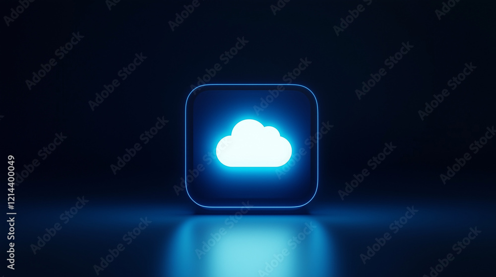 Poster a sleek and minimal app icon featuring a glowing blue gradient square with a white cloud symbol in t