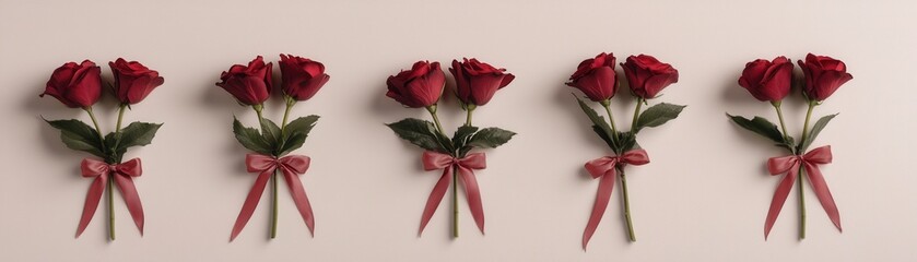 Fototapeta premium Five Red Roses with Pink Bows on Beige Background Romantic Valentine s Day Arrangement