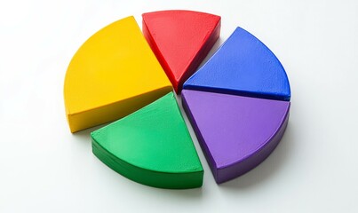 Colorful pie chart is cut into five pieces. The colors are red, yellow, green, blue, and purple