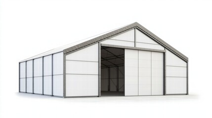 Obraz premium Industrial Building with Sliding Doors: A large industrial building with a gable roof and sliding doors stands ready for business.