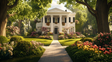 Naklejka premium classic white house with elegant columns surrounded by vibrant gardens, blooming flowers, and lush greenery creates serene and inviting atmosphere